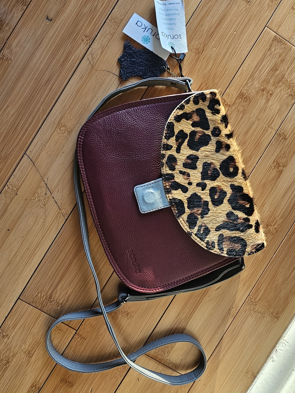 NWT Soruka Leather Burgundy/Teal and Leopard Hide Crossbody Bag